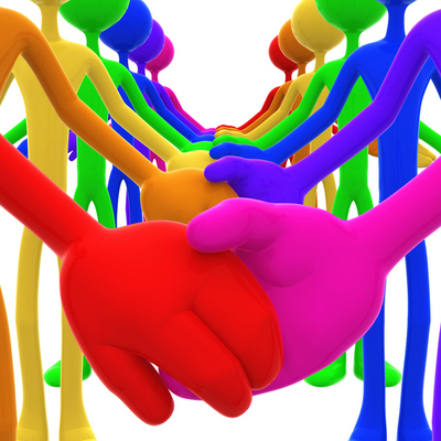 Multi-colored humanoid figures shaking hands